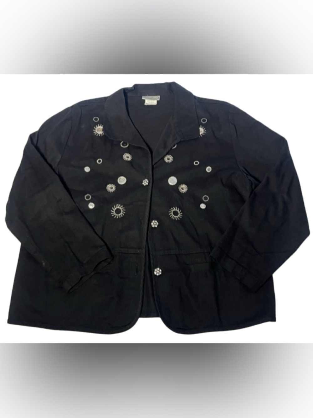 Vtg Saint Germain Paris XL Embroidered Jacket Black Cotton Button Front Made USA